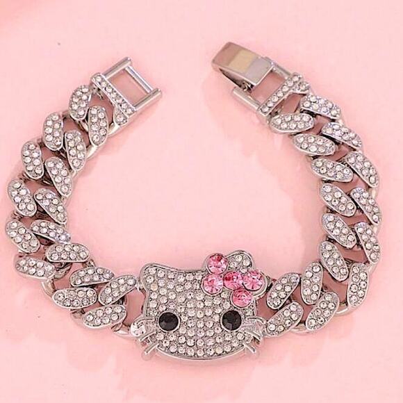 Silver Hello Kitty Rhinestone Bracelet Chain Link - Picture 1 of 5